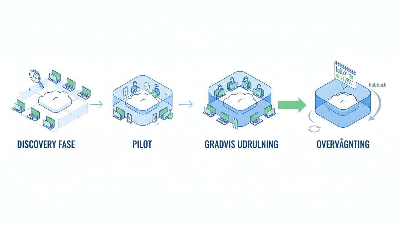 Modern minimalist flat isometric design illustrating a step-by-step IT security migration process with phases: Discovery, Pilot with test users, Gradual rollout, and Monitoring with dashboard and rollback option. Features users on laptops and mobiles, cloud services, and strengthening security barriers in blue and green tones on white background.