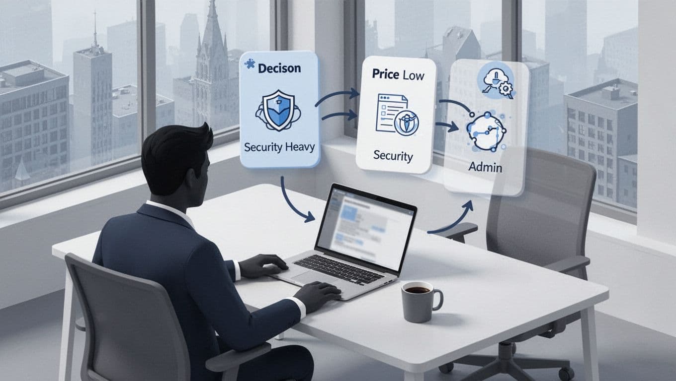 Modern isometric illustration in Nordic blue-gray-white colors of an anonymous IT person at a desk in a simple Danish office, choosing between security-heavy and low-price packages with decision arrows, laptop, and coffee mug.