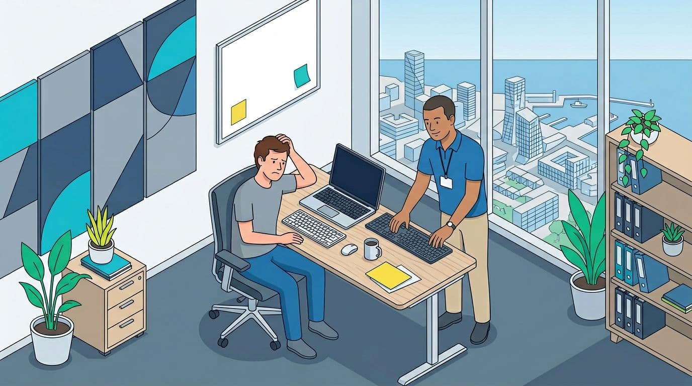 Modern isometric illustration of a small SME office in Aarhus area, featuring a frustrated employee stuck with a laptop IT problem (screen off) being quickly resolved by an IT support expert nearby. Clean corporate flat design in blue and gray colors with high contrast, sharp lines, and realistic lighting.