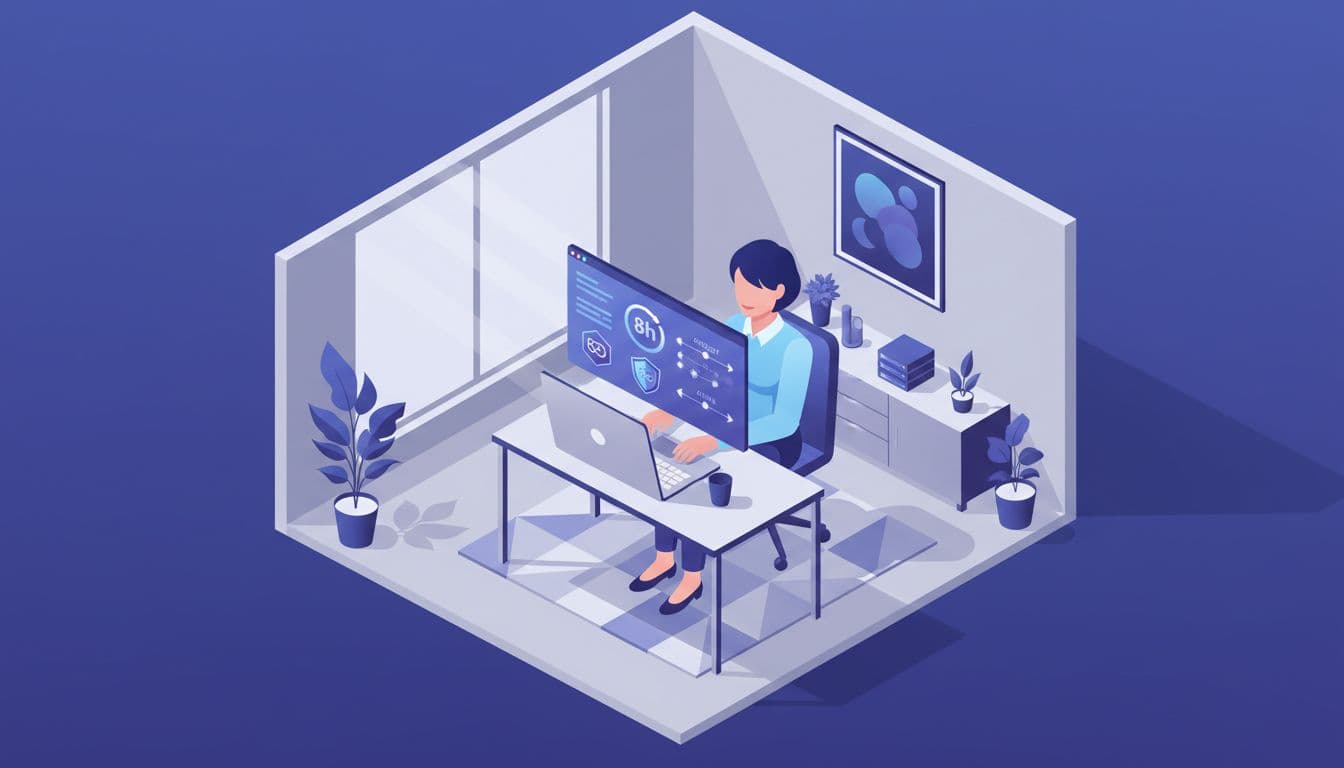 Semi-flat isometric vector illustration of an IT administrator in a modern office activating just-in-time access via PIM on a laptop, featuring timer clock, MFA shield, and approval flow icons with professional blue, purple, and gray tones.
