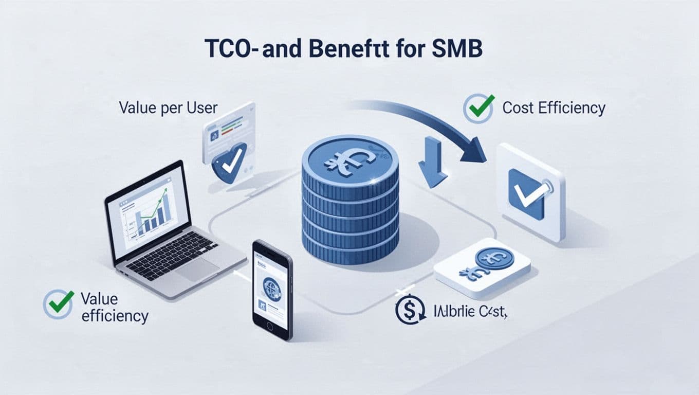 Stylized isometric illustration in modern corporate Nordic blue, gray, and white with a central Danish krone stack budget icon, surrounded by laptop, mobile phone, and cost efficiency checkmarks, balancing TCO costs and benefits.