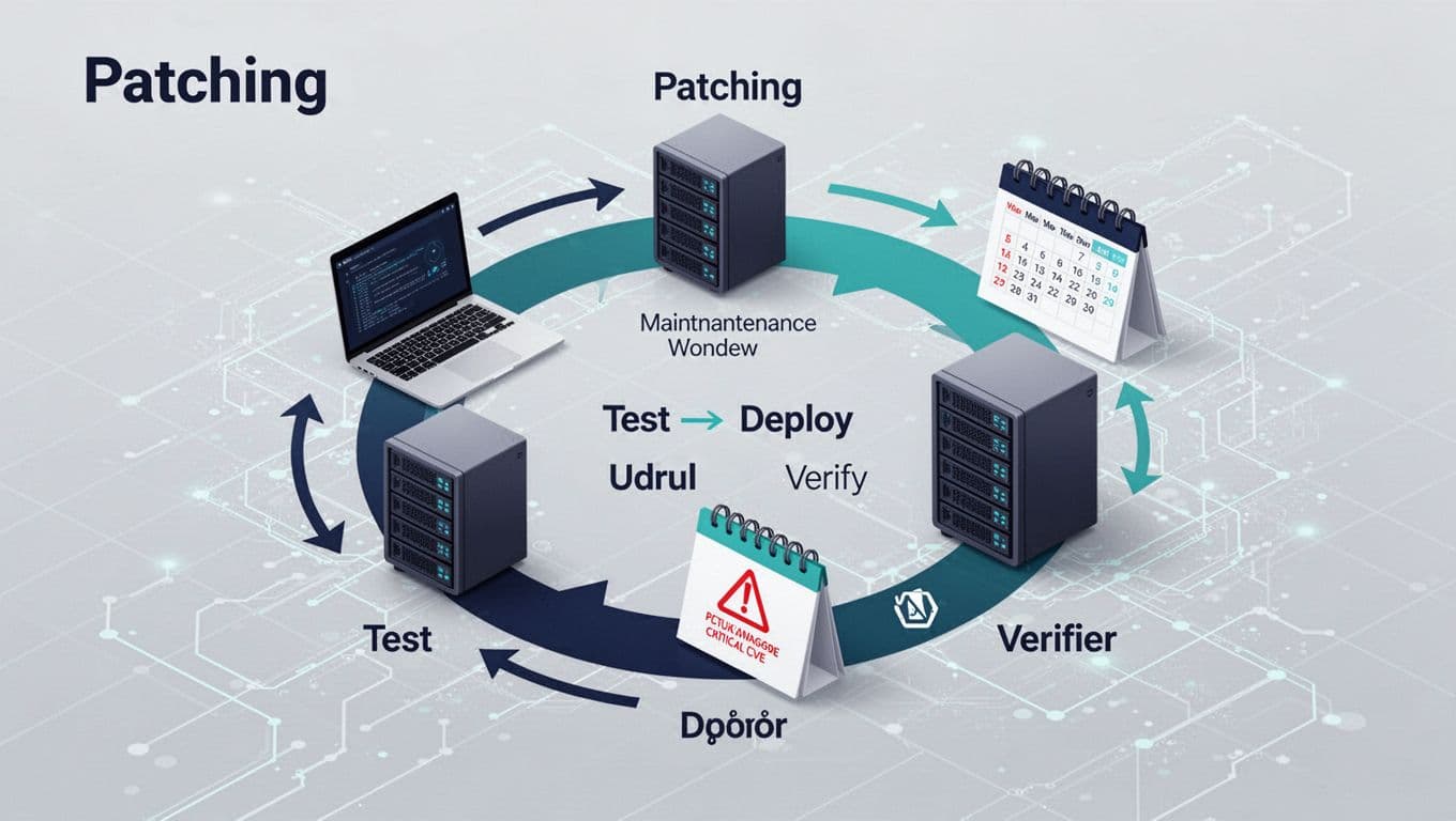 Illustration af patching-livscyklus med enheder, kalender og trin