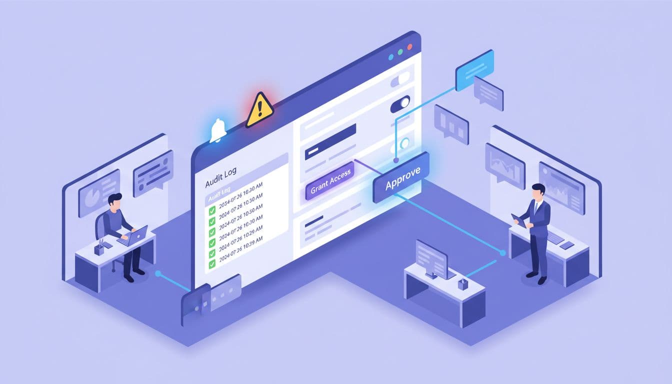 Modern semi-flat isometric vector illustration of a PIM control panel showing notifications, risk alerts, and audit logs, with IT person and manager approving access in an office setting.