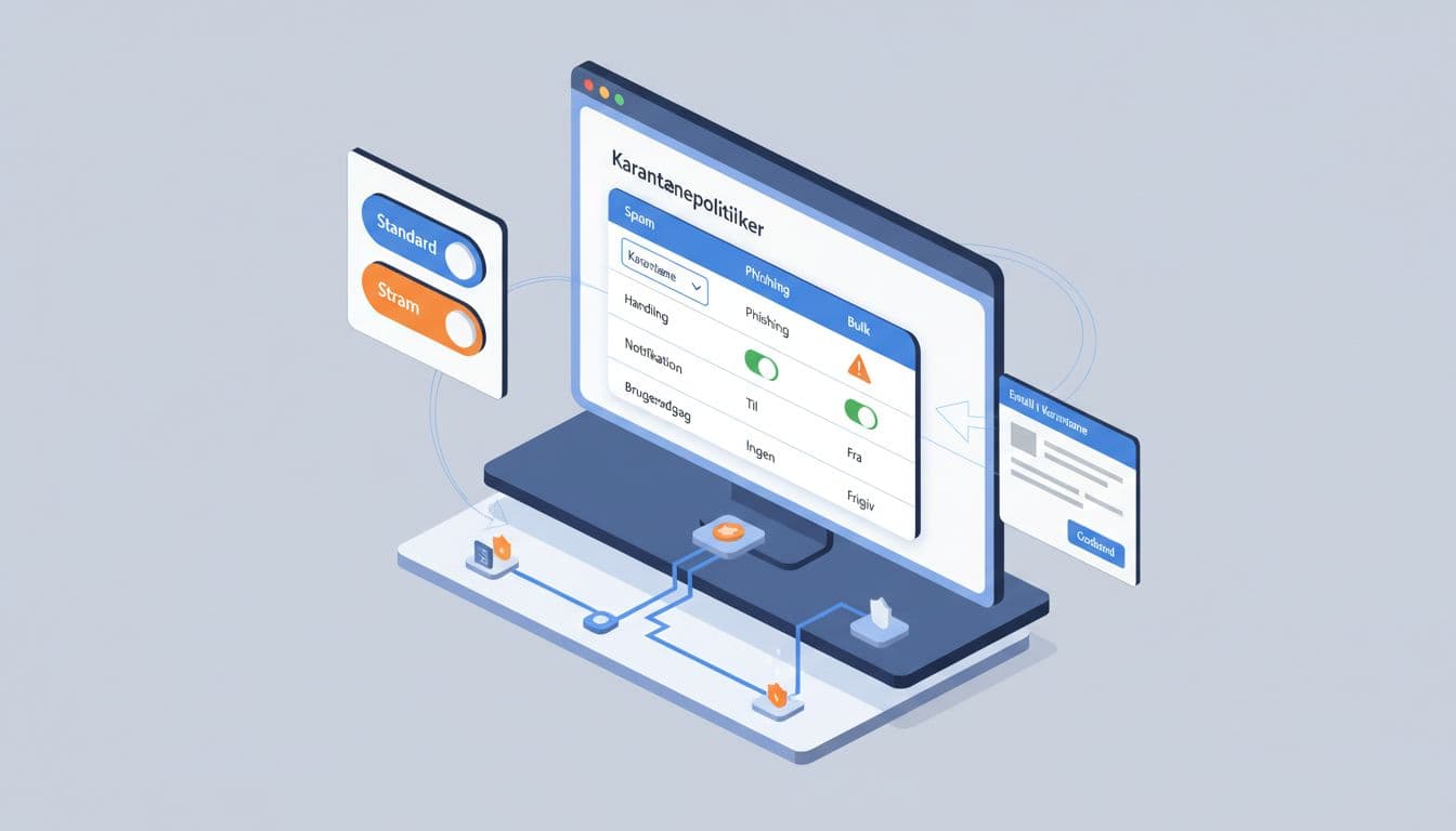 Clean modern landscape illustration in flat isometric Microsoft-like UI style with blues/greys/orange/green tones, featuring a comparison table for quarantine policies on Spam, Phishing, and Bulk. Includes toggles for Standard vs Strict settings, notification previews, Danish labels, and security elements.