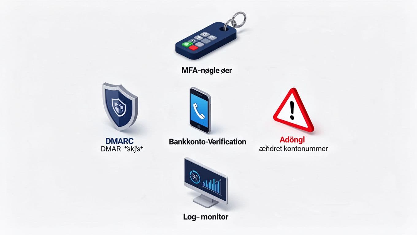 Sikkerheds-ikoner for MFA, DMARC, telefonverifikation, advarsel ved ændret kontonummer og log-overvågning i et grid.