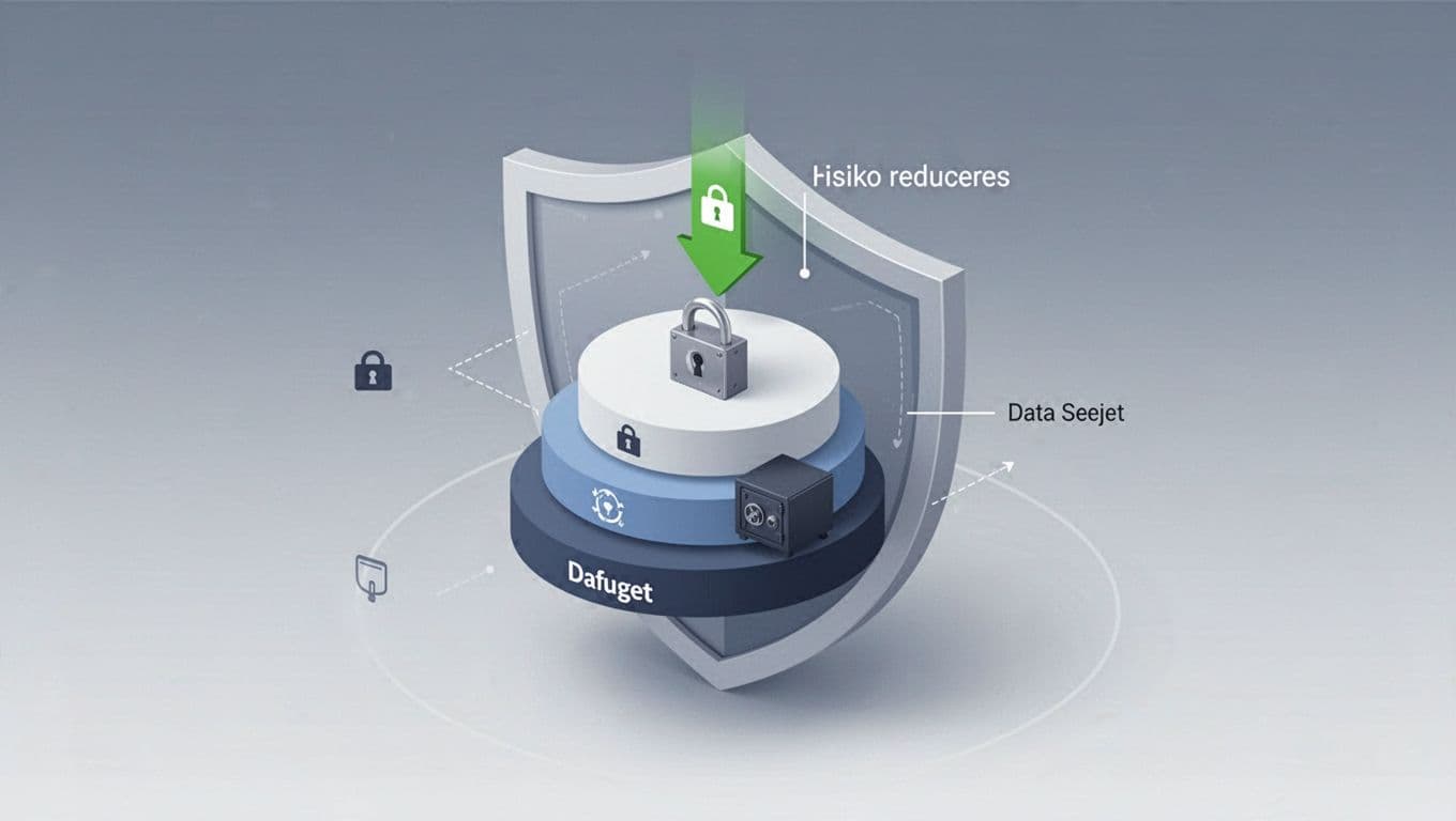 Clean isometric diagram in modern corporate style with Nordic blue-gray-white palette, featuring a central shield-layered cake symbolizing security layers: outer shield, middle lock, inner data safe, and a green downward arrow labeled 'risiko reduceres'. Professional secure mood with subtle background gradient.