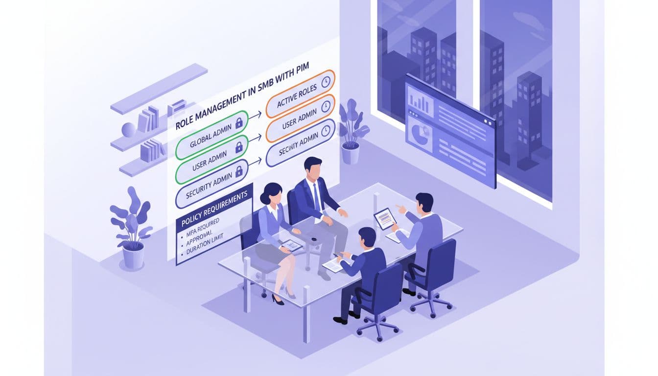 Modern semi-flat isometric illustration of role management in small businesses using PIM, showing admin roles like Global Admin in eligible and active states with security policies like MFA, set in a professional office conference room.