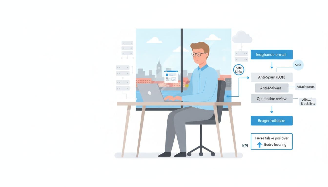 A professional IT administrator in a modern Danish SMB office in Aarhus configures email security on a laptop, featuring a flow diagram from incoming email through anti-spam, anti-malware, quarantine, to user inbox, with KPI showing fewer false positives.