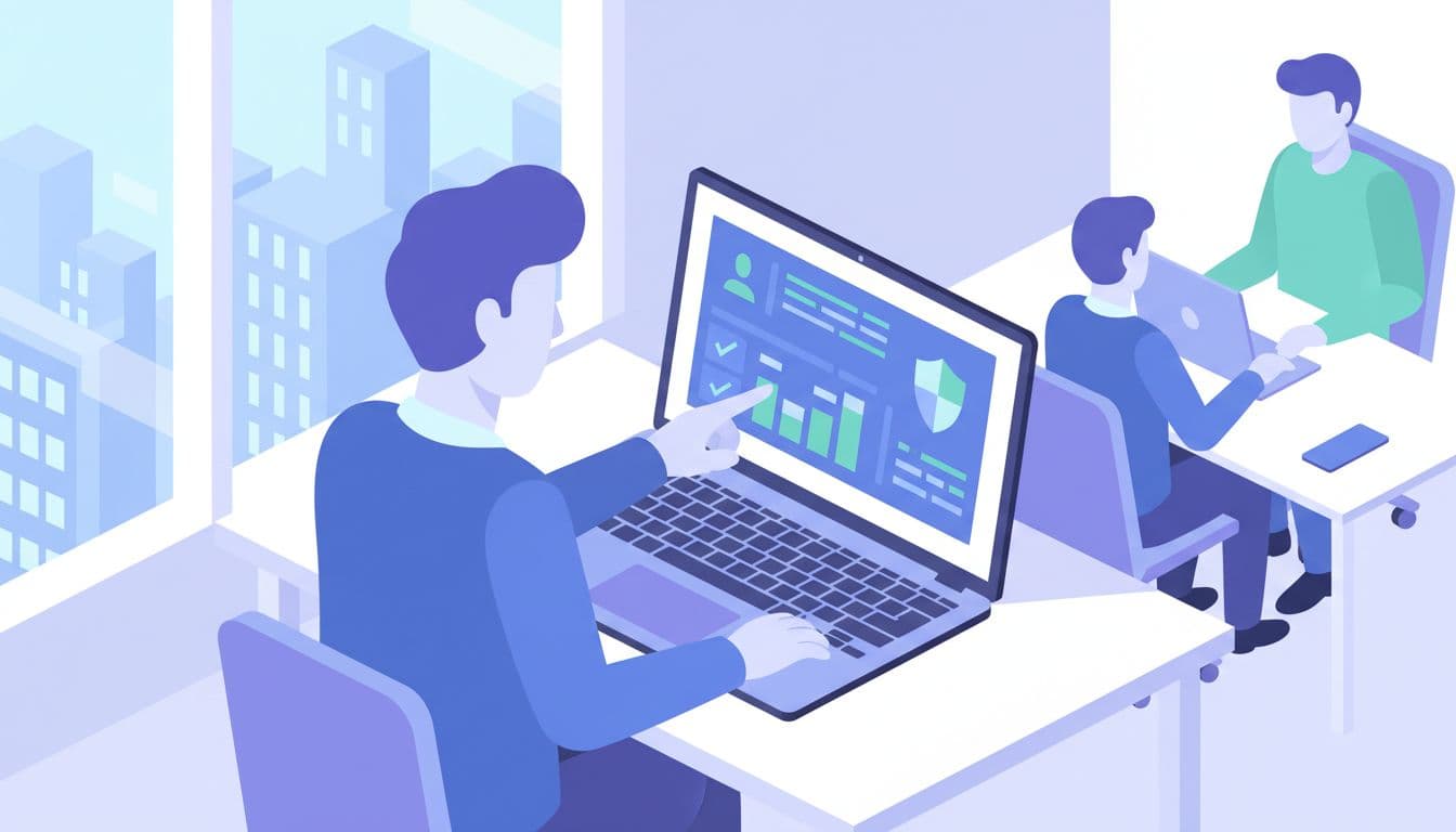 IT-administrator ved laptop med abstrakt sikkerheds-dashboard