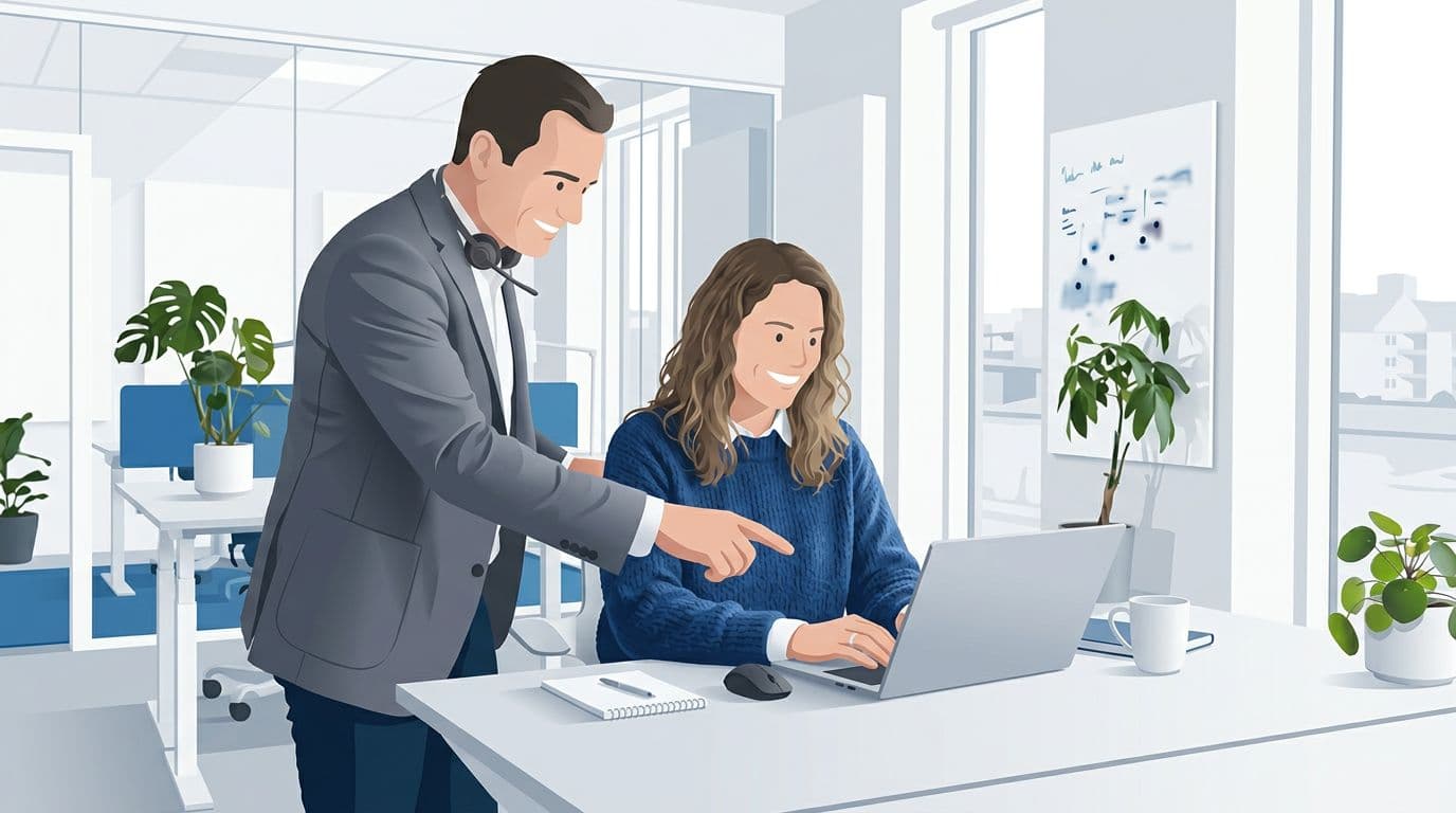 An IT professional in business attire helps a relieved SME worker at a laptop showing a vague Microsoft 365 interface, in a minimalist Scandinavian-designed office in Randers, Denmark, with white-gray-blue tones and soft lighting.