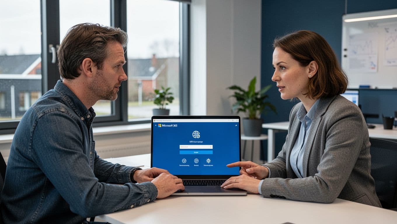 In a modern Danish office in Lystrup, an IT expert and SMV employee seriously discuss MFA configuration on a Microsoft 365 login screen using icons only, with natural light and Nordic blue-gray tones evoking trust.