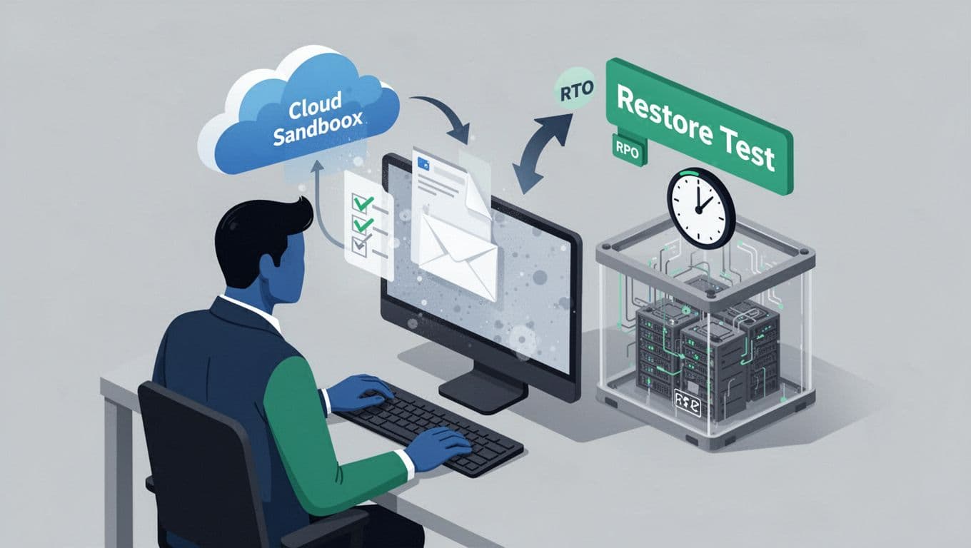 Modern isometric flat vector illustration of an anonymous IT professional at a computer recovering a file or email from cloud backup to a sandbox environment, with checklist and clock icons for RTO and RPO. Clean, high-contrast design in blue, green, and gray tones with neutral background.
