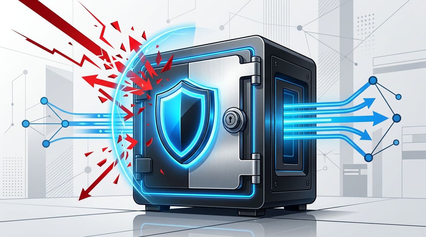 A locked digital vault featuring a shield icon deflects cyber threat arrows, safeguarding data streams and connected network nodes in a minimalist abstract background.