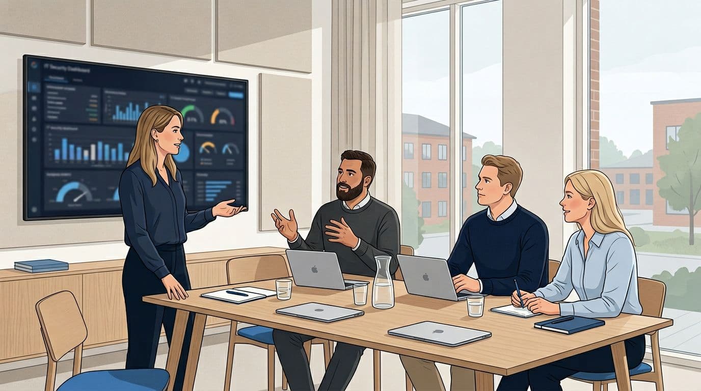 High-quality editorial illustration of a small team of four professionals in a modern Scandinavian office meeting room, reviewing a blurred IT security dashboard on a wall screen while discussing confidently with closed laptops on the table.