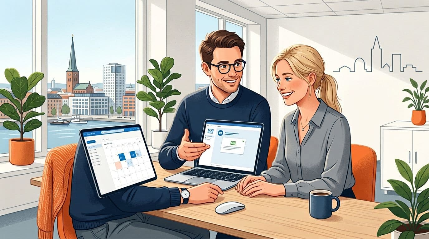 Illustration of an IT professional helping a small business employee fix a Microsoft 365 issue on a laptop in a bright workspace near Aarhus, Denmark, in a clean minimalist Scandinavian style.