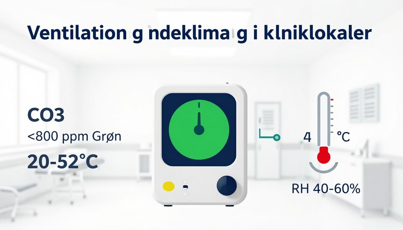 Minimalist Scandinavian infographic displaying CO2 monitor thresholds (green <800 ppm, yellow 800-1000 ppm, red >1000 ppm), temperature (20-22°C), and humidity (40-60%) for clinic indoor climate, with Danish labels and subtle clinic room background.