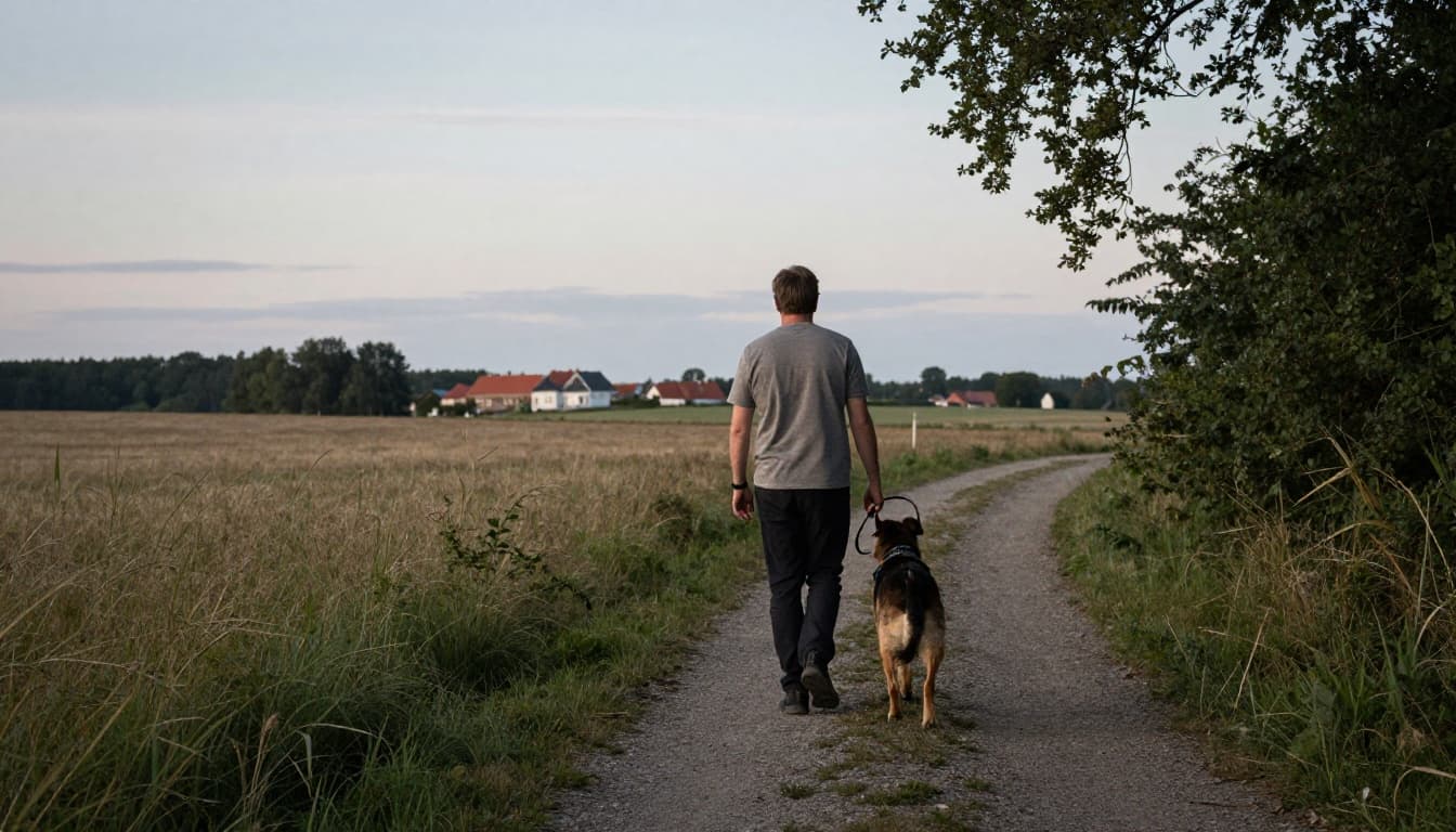 A person leads a medium-sized dog on a leisurely walk along a forest path near Korsør, Denmark, with flat green landscapes and a sea view in the background under soft evening light.