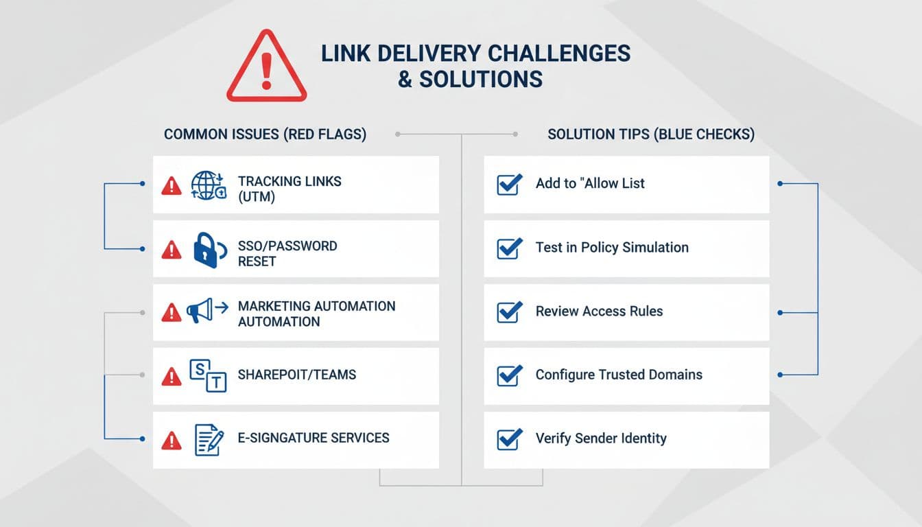 Modern flat isometric warning infographic highlighting common security policy issues that block legitimate links like UTM tracking, SSO, and portals, with practical solution tips using icons, warning triangles, and checkmarks in blue, gray, and red.