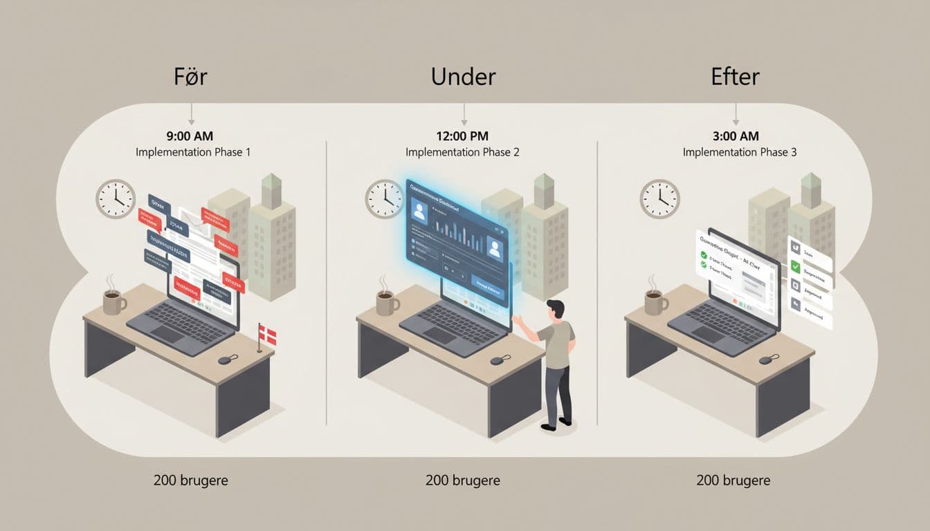 Flat isometric illustration of a small office team in Lystrup near Aarhus reviewing a quarantine dashboard, showing before/after workflow from messy inbox to organized quarantine with Danish labels.