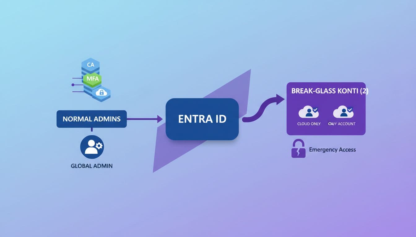 Arkitekturdiagram med Entra ID, Conditional Access, MFA, normal admin og to break-glass konti