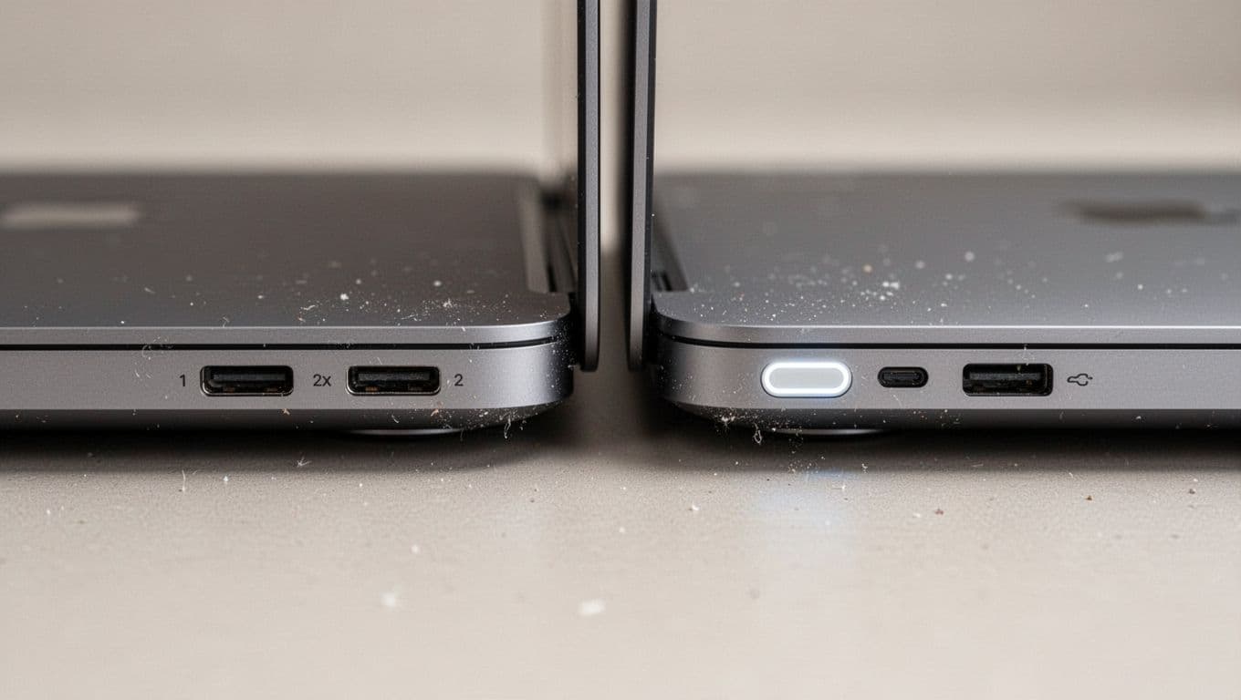 Photorealistic close-up of ports on refurbished MacBook Air M1 (2x USB-C) and M2 (MagSafe + 2x USB-C) side by side on a neutral surface with soft lighting, light dust for authenticity, and precise focus on port details in Scandinavian minimalist style.