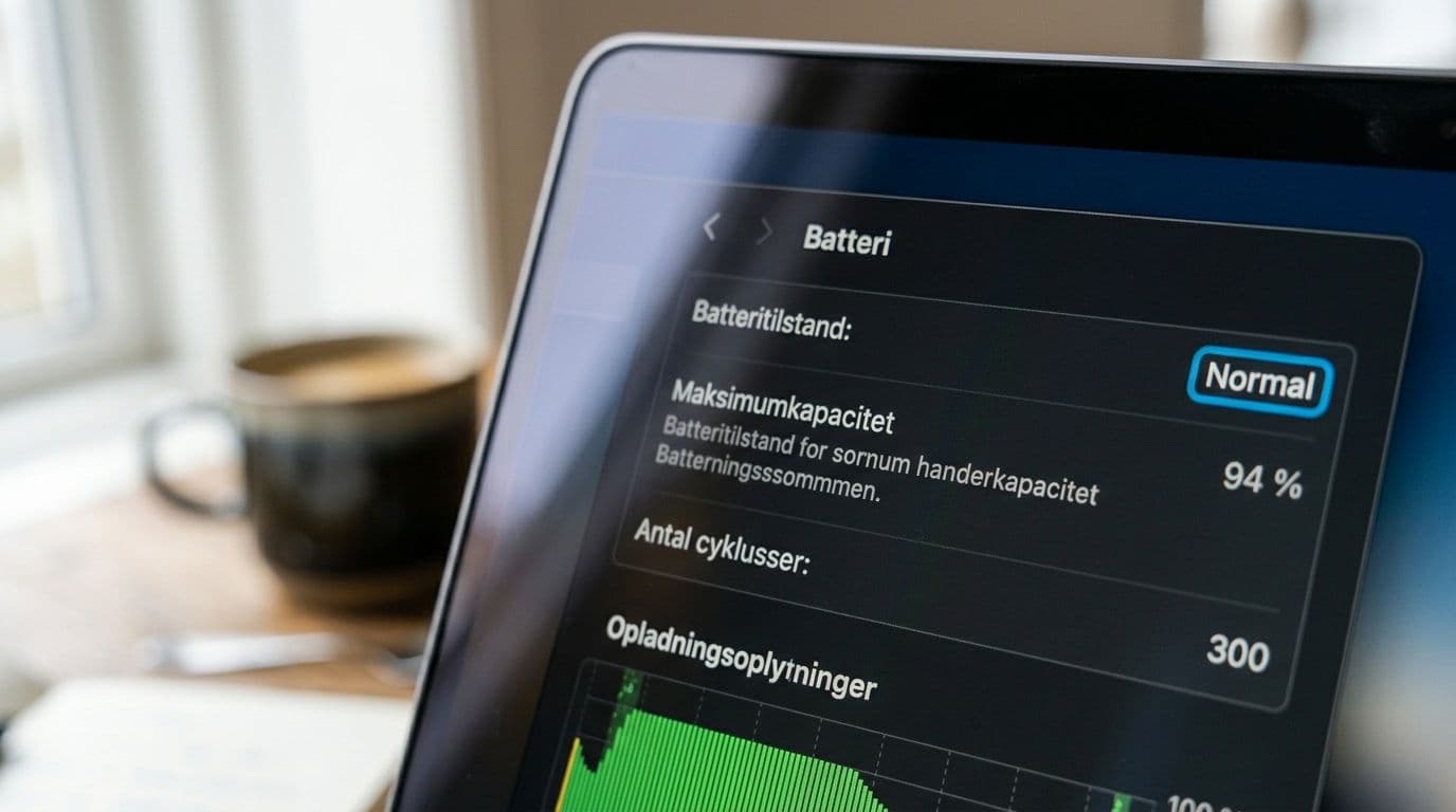 Photorealistic close-up of a MacBook screen displaying the Battery section in System Settings, highlighting Cycle Count: 300 and Normal condition, with a minimalist background of coffee and notebook.