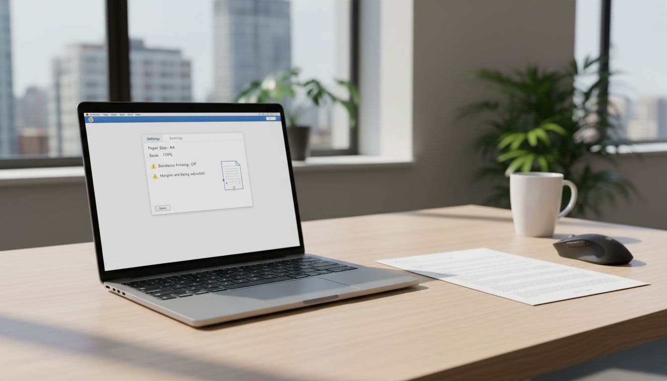 Photorealistic office desk scene with MacBook displaying Epson print preview dialog set to A4 paper, 100% scale, borderless off, and adjusted margins, with a perfect printed sheet nearby in natural daytime light.