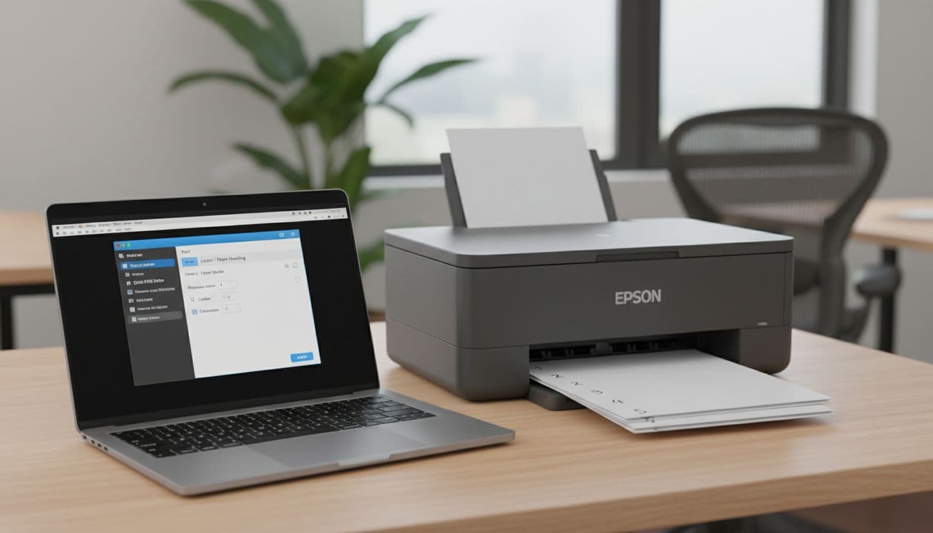 Photorealistic scene in a modern office with natural light, featuring a MacBook on a desk displaying the print dialog (Layout/Paper Handling open, reverse order off, sort enabled) beside an Epson printer and a stack of correctly ordered printed pages (1 on top to 5 at bottom). High detail, realistic materials, shallow depth of field, no people.