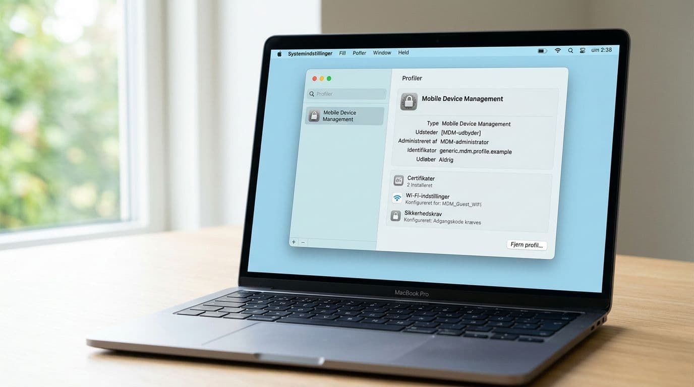 Photorealistic image of a MacBook screen showing the macOS Profiles section with a generic Mobile Device Management (MDM) profile, anonymized, on a desk in natural angle with soft daylight and realistic depth of field.