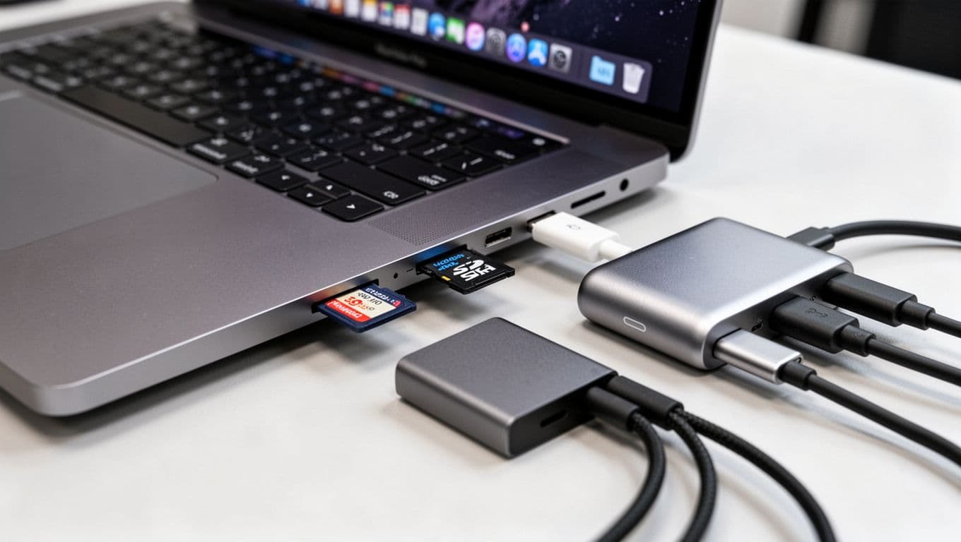 Photorealistic close-up of MacBook Pro 14-inch laptop with SD card inserted, external SSD connected via USB-C, and USB-C hub with cables on a clean desk, focusing on ports for photo and video workflow.