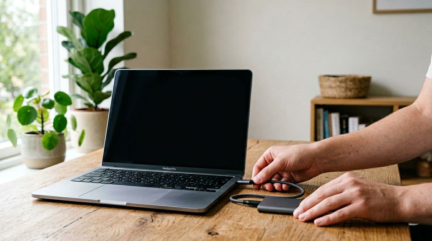 Photorealistic modern Scandinavian style image of hands connecting a MacBook Pro on a wooden desk to an external USB-C harddisk for backup, in soft natural daylight with plants in neutral background.