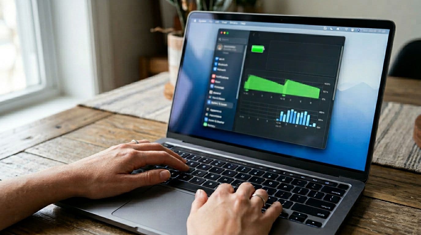Nærbillede af MacBook-skærm med batteri-ikon og slørede grafer, hænder på tastatur