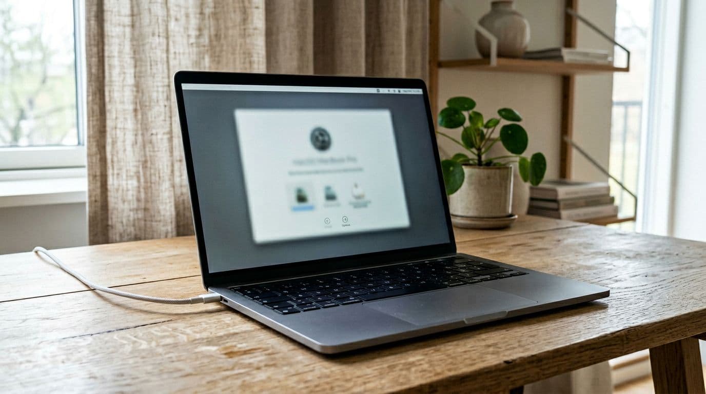Photorealistic image of a MacBook restarting in Recovery Mode on a table in modern Scandinavian style, featuring a blurred generic settings screen, natural daylight, neutral background, and high detail without logos or text.