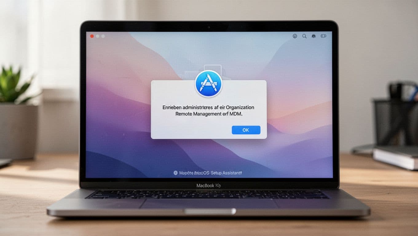 Photorealistic image of macOS Setup Assistant on a MacBook screen during reinstallation, showing a generic message that the device is managed by an organization via Remote Management or MDM. Screen on desk in natural angle with soft daylight lighting and realistic depth of field, no watermarks or extra text.