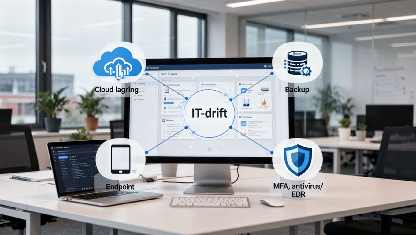 Photorealistic visualization of managed IT support in a modern Nordic corporate office, featuring a central IT operations dashboard surrounded by icons for cloud storage, endpoints, backup, and security. Neutral blue-gray-white tones with a clean infographic style on a desk with laptop, evoking professional security without people or text.