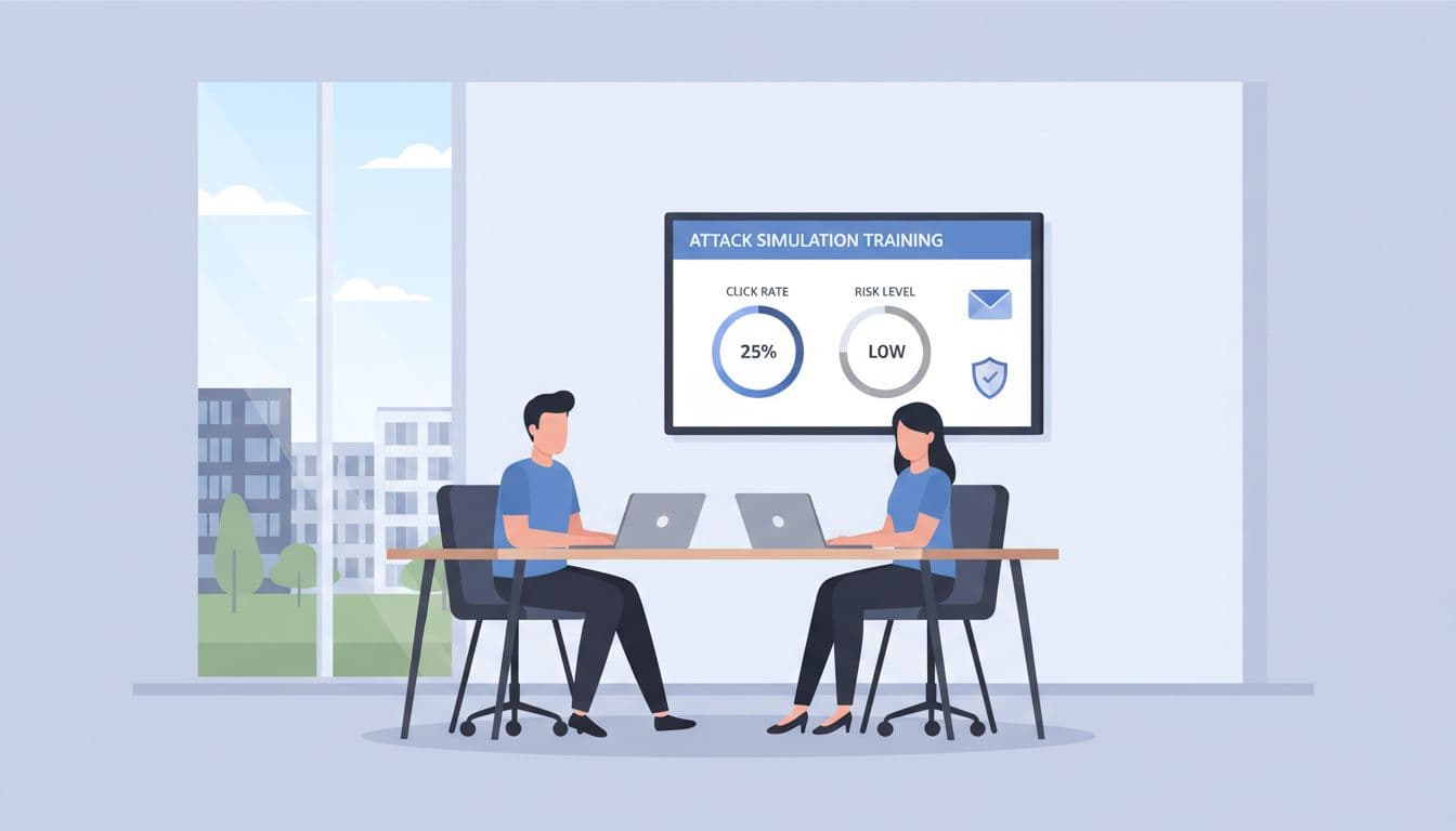 A professional flat design illustration of a small IT team in an Aarhus meeting room, analyzing a dashboard for Microsoft 365 Attack Simulation Training with graphs on click rates and risk levels, Nordic office view, email and security icons.