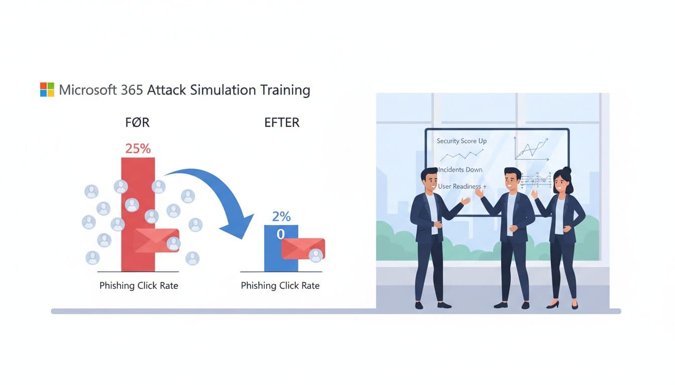 Modern corporate illustration showing before-and-after diagrams of reduced phishing click rates after Microsoft 365 Attack Simulation Training, with a small team discussing metrics at a whiteboard in a Lystrup office.