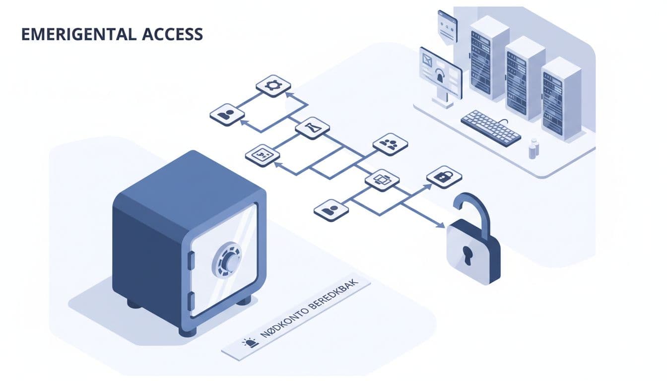 Illustration af break-glass nødkonto, pengeskab og Conditional Access-flow