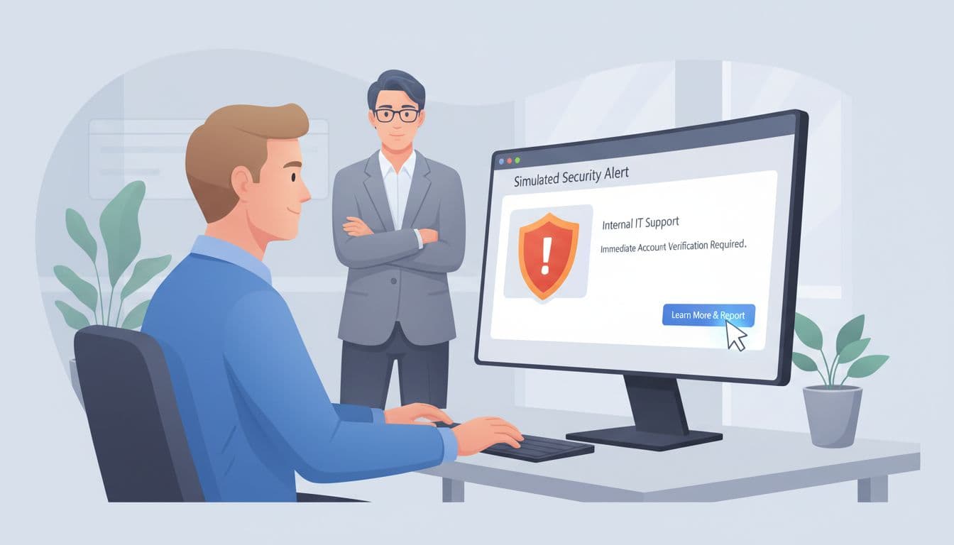 A modern professional illustration for a B2B SMB blog post depicting an employee at a computer receiving a realistic phishing email simulation, observed by a team leader from behind, with focus on the attentive yet controlled workplace atmosphere.