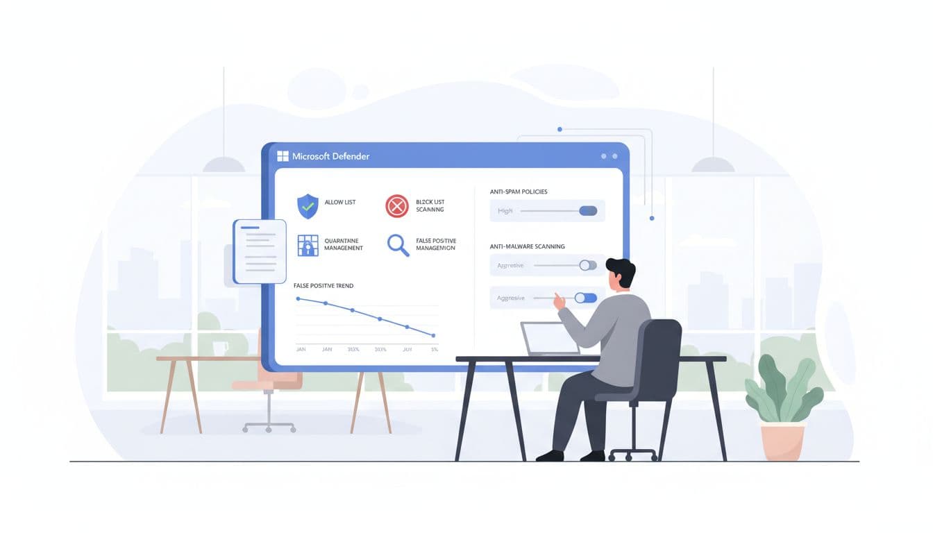 Modern B2B illustration of Microsoft Defender admin center dashboard displaying anti-spam and anti-malware policies, with an admin adjusting sliders for spam thresholds and malware scanning amid icons for allow/block lists and KPI graphs showing false positive reductions.