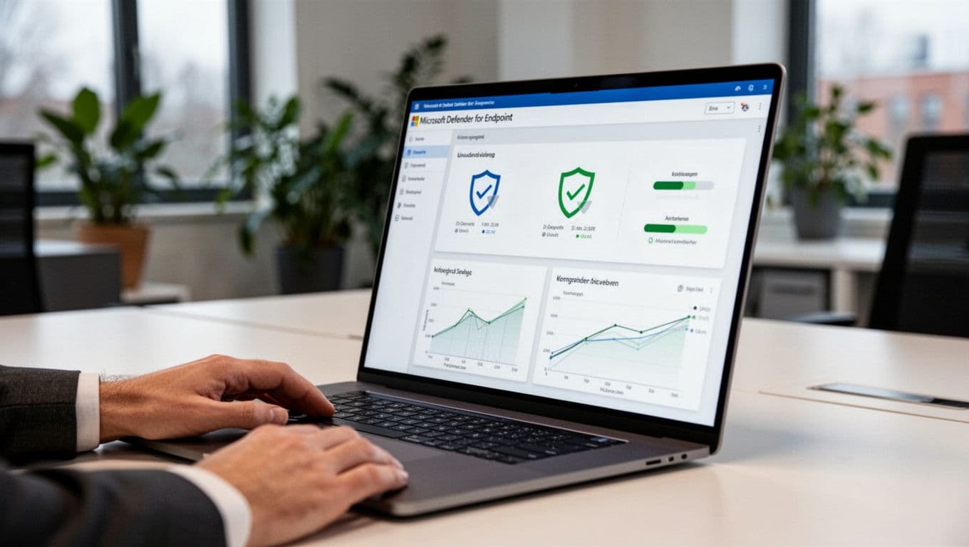 Close-up of a laptop screen on a desk in a Danish office displaying a simple Microsoft Defender for Endpoint dashboard with shield icons, graphs, and green status lights, viewed from a side angle with a hand resting loosely on the keyboard and blurred office background.