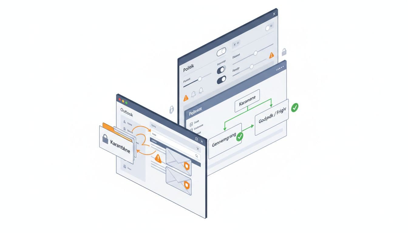 Modern isometric illustration of Outlook emails flagged and moving to 'Karantæne' quarantine folder, with admin dashboard showing policy settings, notification icons, and approval flow in Microsoft Defender for Office 365.