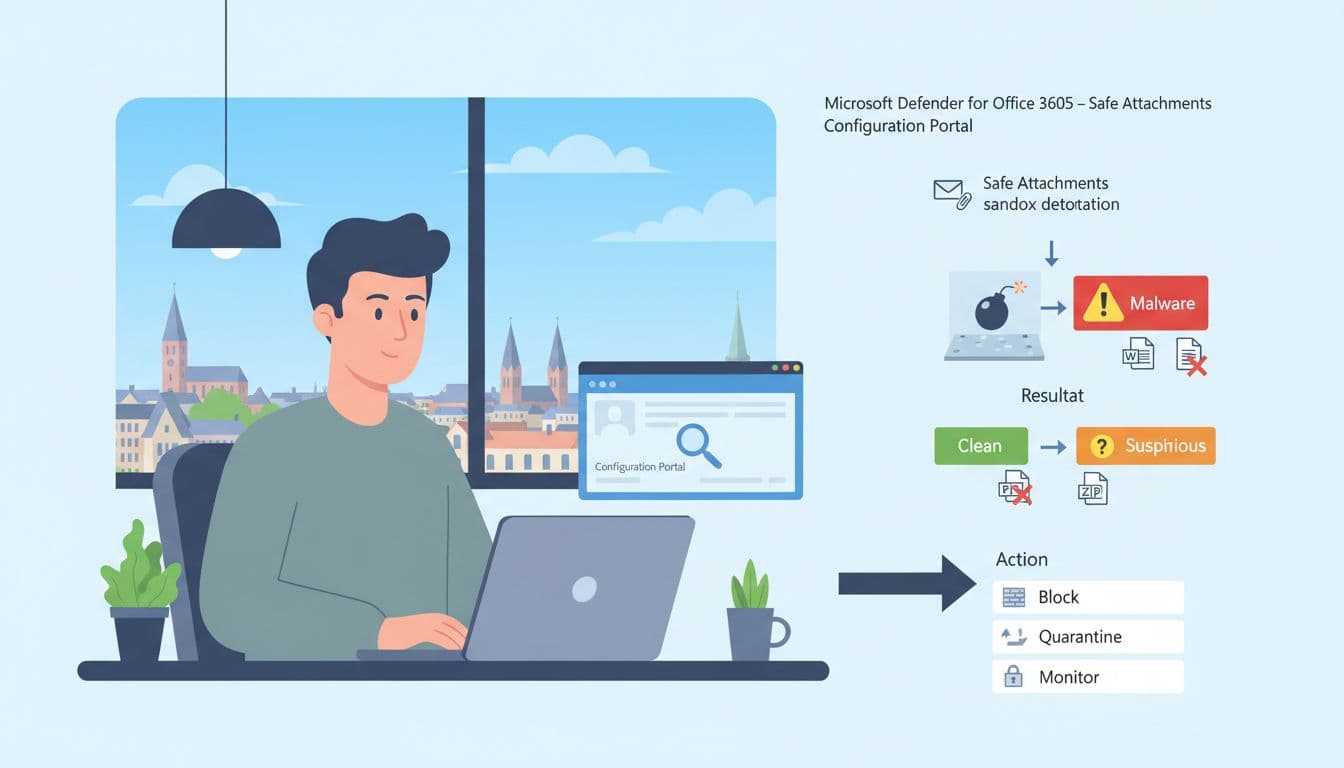 Minimalist illustration of an IT administrator in a modern Aarhus office configuring Microsoft Defender for Office 365 Safe Attachments, overlaid with a clean process flow for email attachment sandbox scanning, results, and actions.