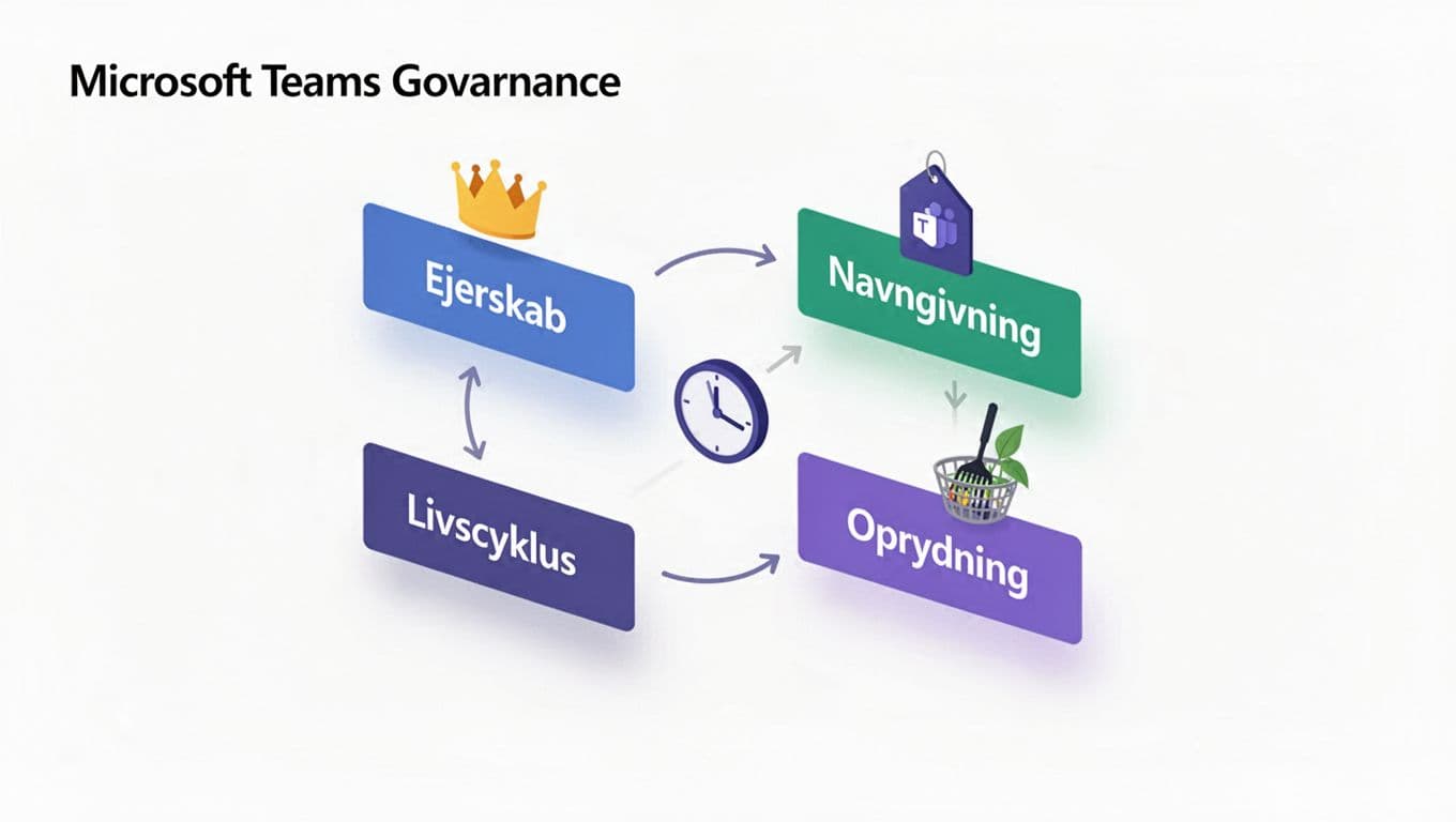 Moderne isometrisk illustration af Microsoft Teams governance med fire centrale blokke: Ejerskab, Navngivning, Livscyklus og Oprydning, forbundet med pile.