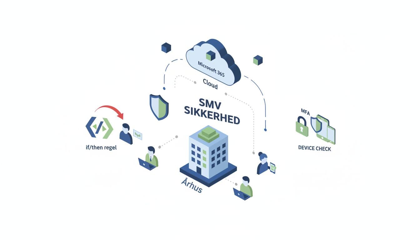 Flat isometric illustration of a small Aarhus business with office building connected to Microsoft 365 cloud, employees protected from phishing attacks via if/then rules, MFA, and device checks on white background with blue-green accents.