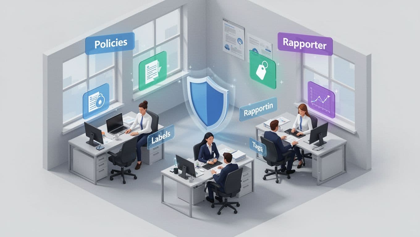 Moderne, minimalistisk isometrisk illustration af en lille SMV IT-afdeling med tre personer ved skriveborde, ikoner for policies, labels/tags og rapportering samt centralt sikkerhedsskjold i neutral Microsoft-inspireret palet.