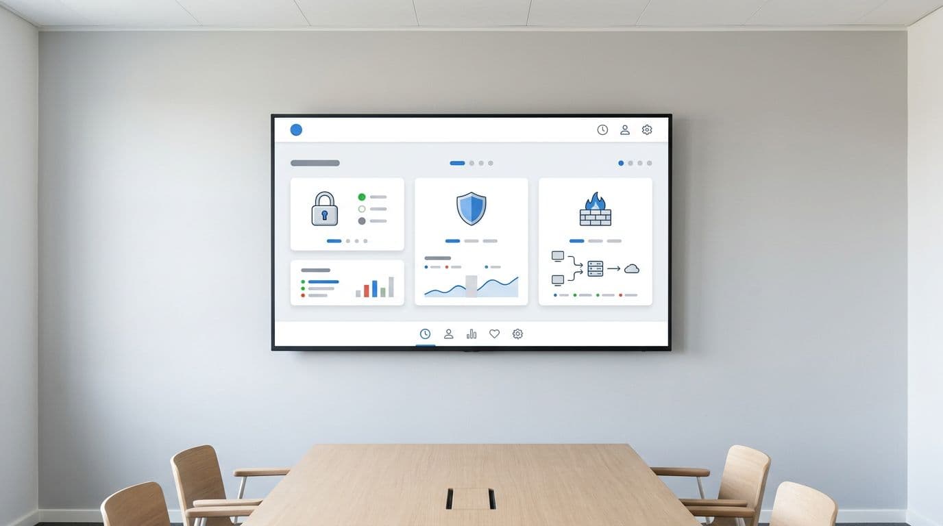 A simple dashboard with IT security icons like lock, shield, and firewall in blue-gray design, displayed on a wall screen in a small meeting room in Lystrup. Features minimalist Scandinavian flat subtle 3D style with white, gray, blue accents, whitespace, professional even lighting, no people, text, logos, or watermarks.