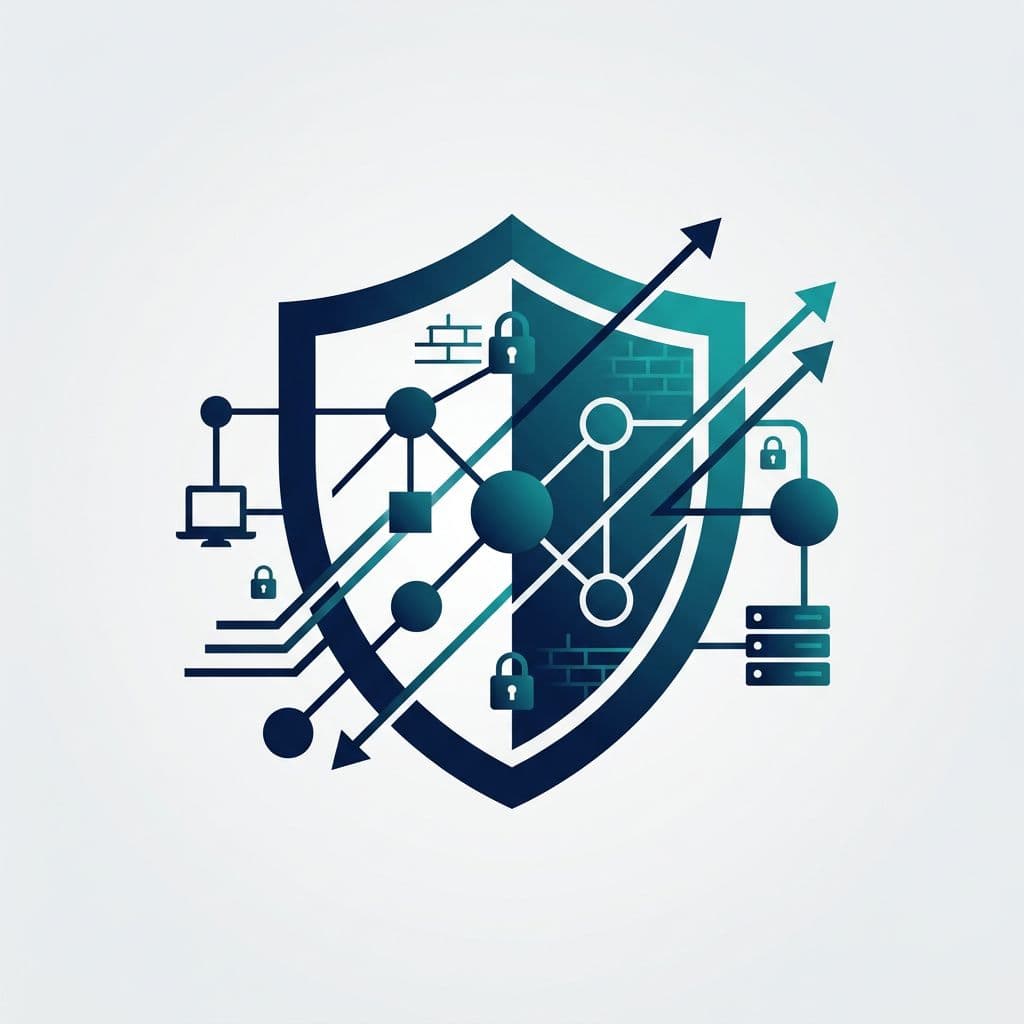 Clean Scandinavian corporate minimal illustration of an abstract IT-security concept with a central shield protecting network nodes and data flow arrows, featuring subtle firewall and lock elements in navy teal light gray palette.