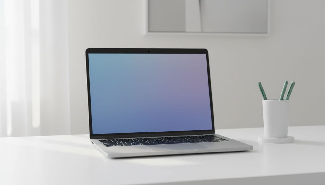A clean silver laptop rests on a simple white desk illuminated by soft natural light.