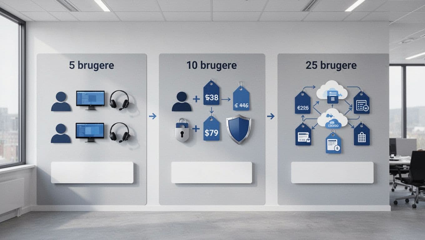 Photorealistic minimalist infographic in Nordic corporate style with three columns for 5, 10, and 25 user tiers, featuring icons for users, screens, headsets, security, cloud, and backup on a clean neutral blue-gray-white office wall background.